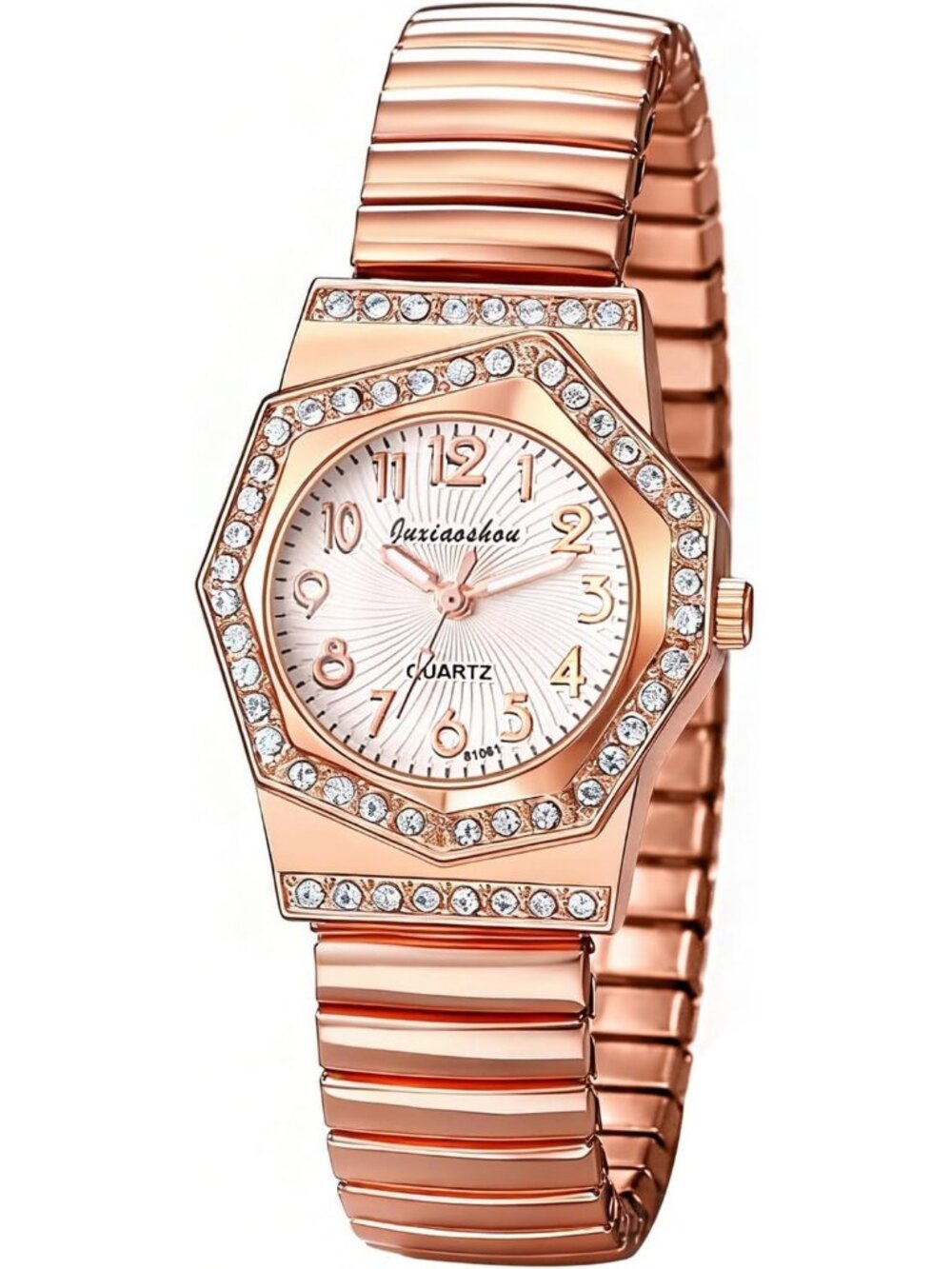 Women's Rose Gold Analog Quartz Bling Elastic Stretch Band Octagonal Wrist Watch